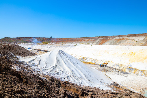 Quarry extraction porcelain clay(kaolin) and quartz sand in the open pit mine.