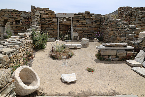 Greece, Cyclades, Delos: - Delos is an island of the Cyclades in the Aegean Sea, was a thriving place in antiquity and was sacred to the Greeks because of the Apollon sanctuary there.