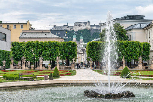 Vienna, Austria - April 2019: Neptune fountain in Schonbrunn park in spring