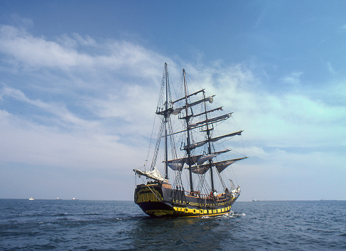 The galleon Buccaneer Queen on the Pacific Ocean. San Pedro, California, USA. Photo taken in March 1978. Scanned film.