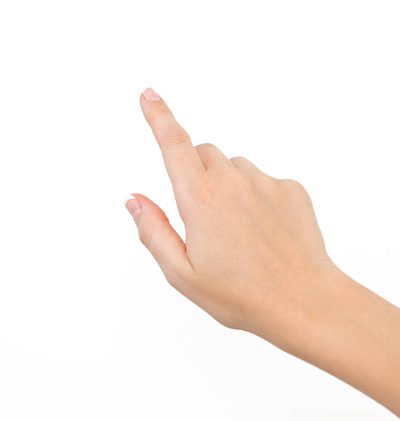 femmina mano su sfondo isolata - human finger human hand pointing isolated foto e immagini stock