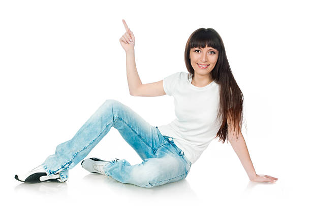 istock woman showing on white 153127046