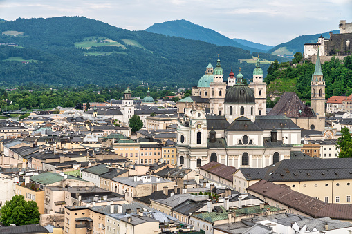 The Residenzplatz square with Residenz fountain in the Old Town of Salzburg, Austria, View from above.