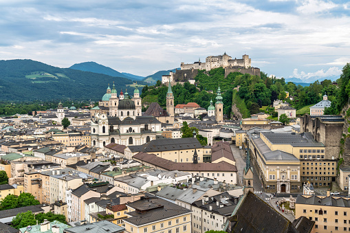 Salzburg, Austria - April 29, 2016: View of the old Horse Well at the Kapitelplatz Square in Salzburg,  Austria.