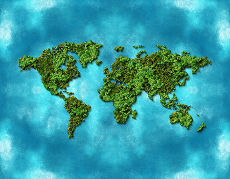 Green World Map- 3D tree or forest shape of world map isolated on white background. World Map Green- Earth day or environment day Concept. World map made up of various detailed trees on solid white.