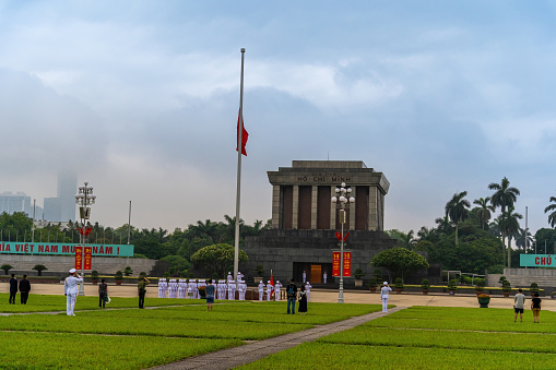 Hanoi, Vietnam - 08 May 2023: view of Ho Chi Minh Mausoleum in Hanoi, Vietnam in a summer day, Vietnam. Famous destination of Vietnam