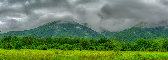 Horizontal panorama shot of a rainy summer morning in The Great Smoky Mountains.