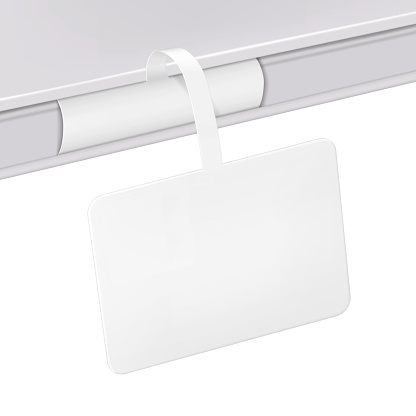 Rectangular shelf wobbler vector mockup. White blank rectangle supermarket dangler realistic mock-up
