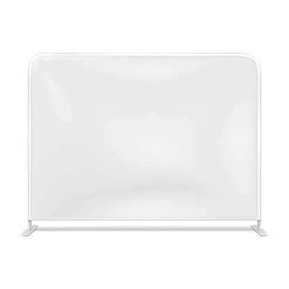 Tension fabric display on metal frame realistic vector mockup. White blank floor banner stand mock-up