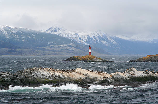 ushuaia lighthouse ushuaia lighthouse, called the world ends lighthouse, surrounded by islands full of cormorant birds les eclaireurs lighthouse photos stock pictures, royalty-free photos & images