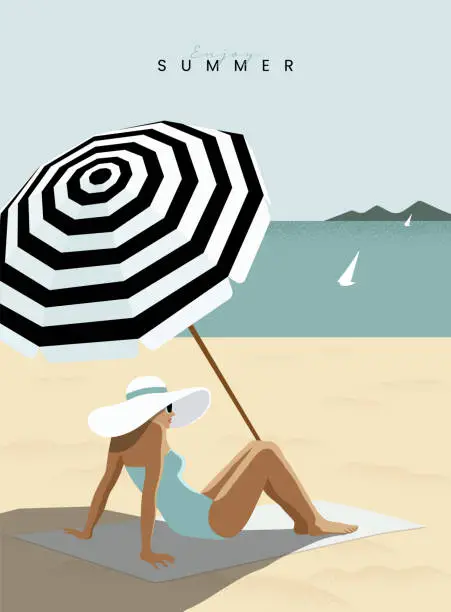 Vector illustration of Girl relaxing on the beach. Suntanned woman sunbathing on towel, Resort on summertime vacation. Seaside blue ocean scenic view background. Pop art poster, Modern retro style. Flat vector illustration.