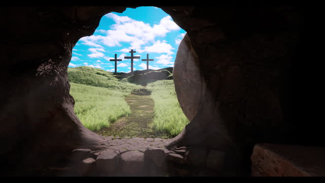 Jesus Christ resurrection and three crosses on the hill from inside the grave
