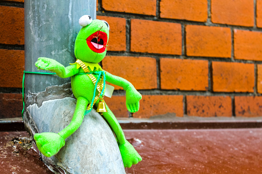 Frog plush animal Kermit tied to lantern in Klushof Lehe Bremerhaven Bremen Germany.