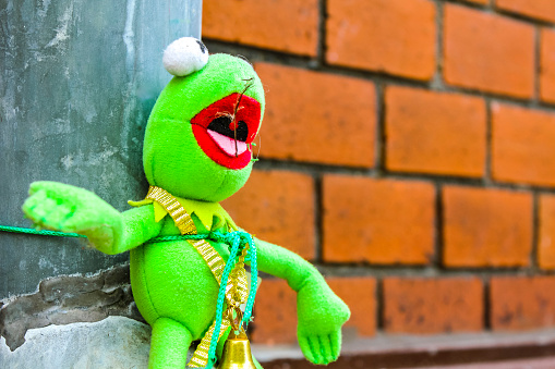 Frog plush animal Kermit tied to lantern in Klushof Lehe Bremerhaven Bremen Germany.