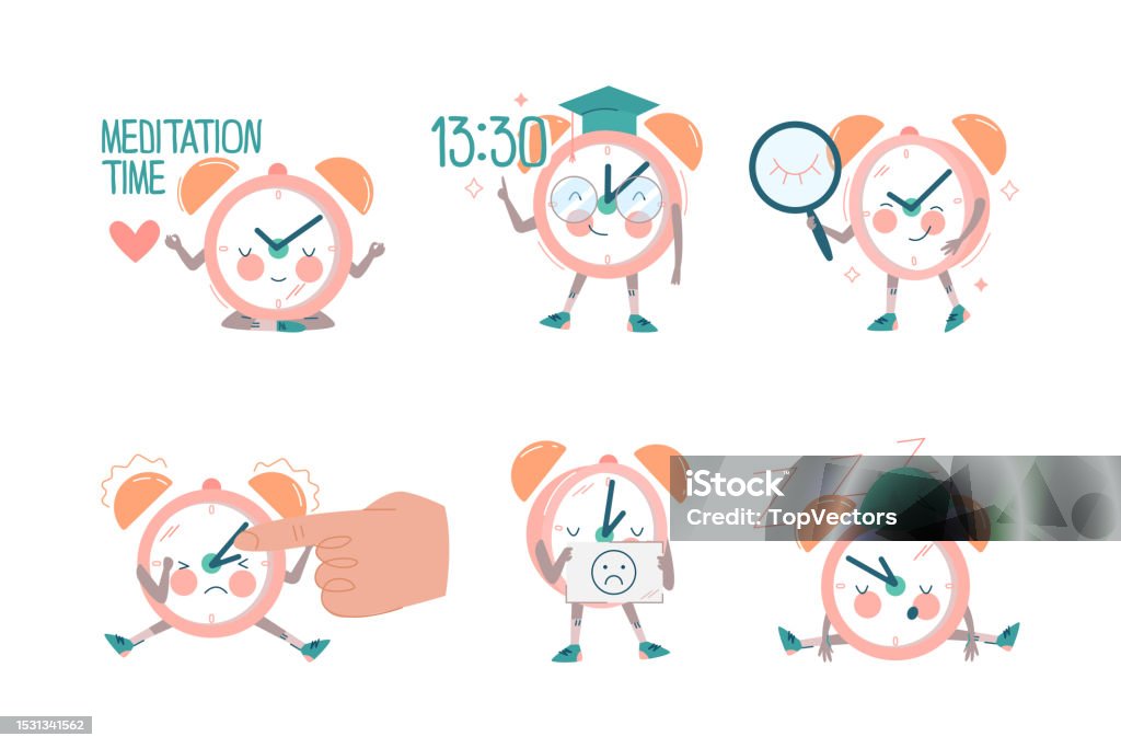 Random Clock Pfp Funny Clock Character With Cute Face Vector Set Stock Illustration ...
