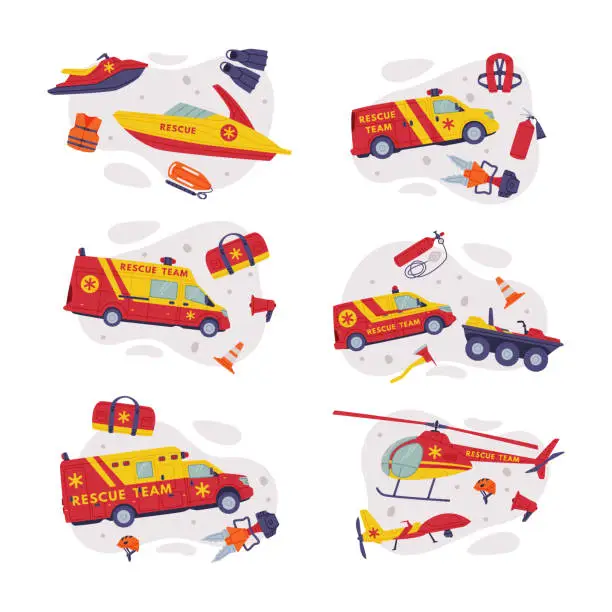 Vector illustration of Rescue Equipment with Specialized Machine and Emergency Vehicle for Urgent Saving of Life Vector Composition Set