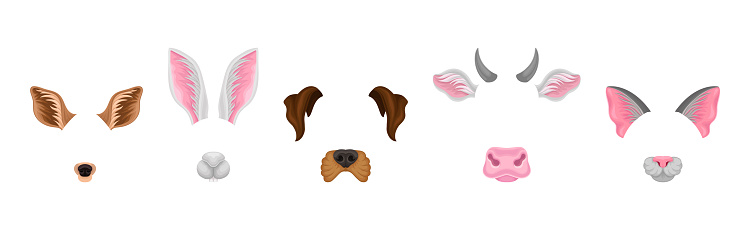 Animal Snouts and Ears for Selfie Application Vector Set. Mammal Masks as Face Filters Concept