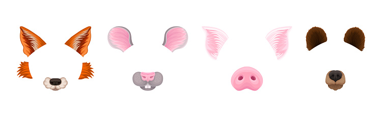 Animal Snouts and Ears for Selfie Application Vector Set. Mammal Masks as Face Filters Concept