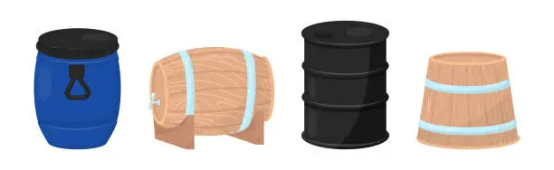 Vector illustration of Metal and Wooden Barrel with Fluid Closed Vector Set