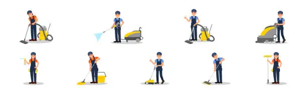 Vector illustration of Man and Woman Cleaner in Blue Overall Vacuuming and Mopping Floor Vector Illustration Set