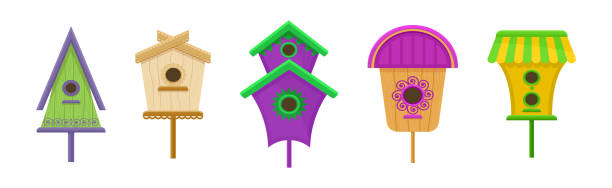 ilustrações, clipart, desenhos animados e ícones de caixa de ninho de madeira ou casa de pássaros como recinto para o conjunto de vetores de pássaros - birdhouse birds nest box isolated
