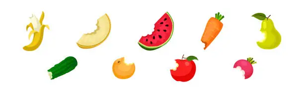 Vector illustration of Bitten Fruits and Vegetables Isolated on White Background Vector Set