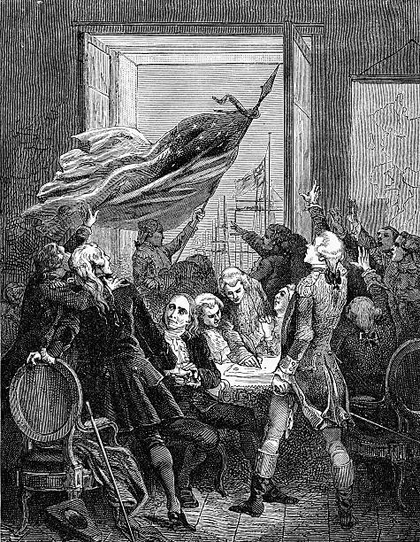 A historic image of the Declaration Of Independence An engraved illustration of the signing the USA American Declaration of Independence, from a Victorian book dated 1883 that is no longer in copyright us constitution stock illustrations