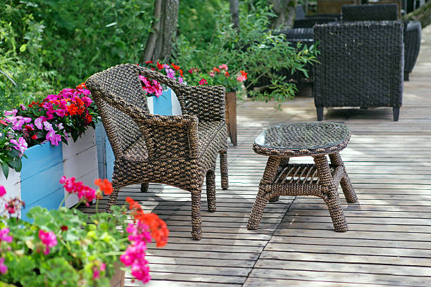 istock Rattan patio chair and table 153138035