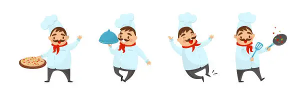 Vector illustration of Man Chef with Moustache Cooking and Serving Food Vector Illustration Set