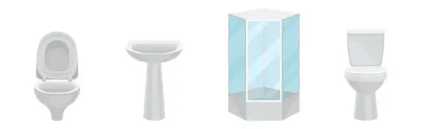 Vector illustration of White Toilet Bowl, Sink and Shower Unit as Home Amenity Vector Set