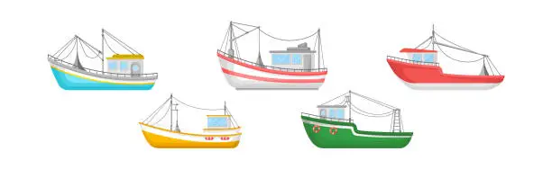 Vector illustration of Regular Ship with Cabin and Mast as Water Transport Vector Set