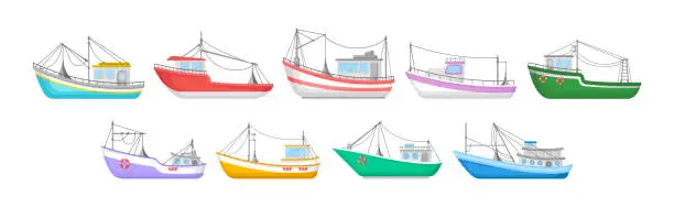 Vector illustration of Regular Ship with Cabin and Mast as Water Transport Vector Set