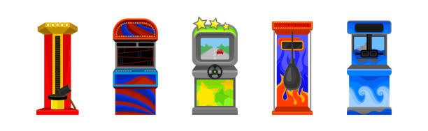 illustrations, cliparts, dessins animés et icônes de machine d’arcade ou machine de divertissement en tant que machine de divertissement à pièces ensemble vectoriel - gambling coin operated machine jackpot