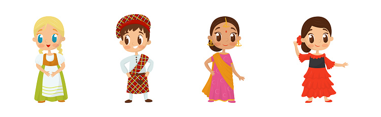 Smiling Boy and Girl Wearing Costumes of Different Countries Vector Set. Cute Kid in Authentic Indigenous National Clothing Concept
