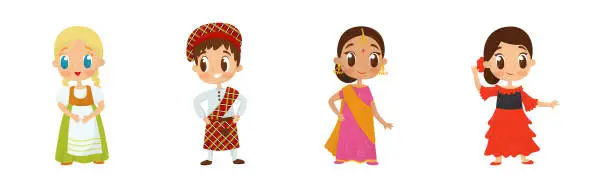Vector illustration of Smiling Boy and Girl Wearing Costumes of Different Countries Vector Set