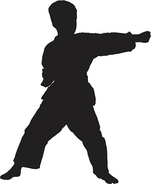 Vector of a karate child exercising A vector of a full length portrait of a karate child exercising isolated on white background pics of a karate boy stock illustrations