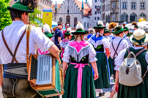 Munich, Germany - June 18: participants at the annual city founding festival (Stadtgründungsfest) with traditional bavarian clothes at the old town of Munich on June 18, 2023