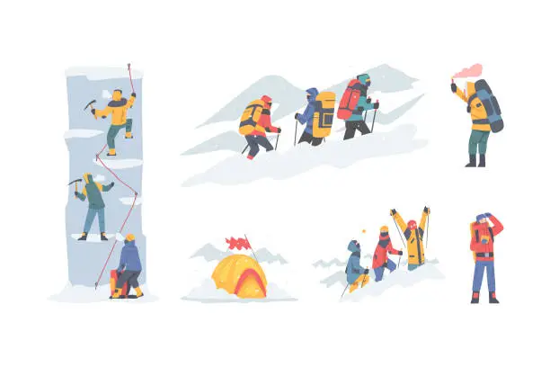 Vector illustration of People Characters with Backpacks Engaged in Winter Mountaineering or Alpinism Climbing High Summit Vector Illustration Set