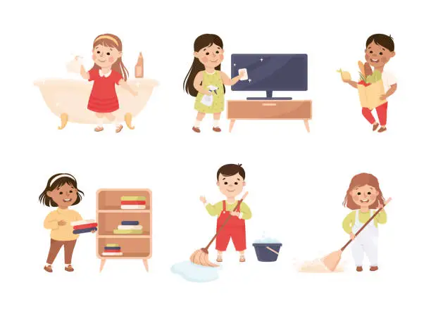 Vector illustration of Cute Boy and Girl Doing Housework and Housekeeping Vector Set