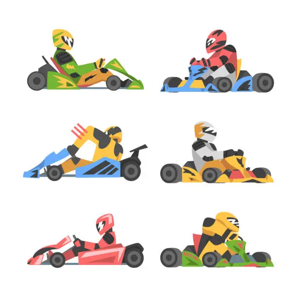 Vector illustration of Kart Racing or Karting with Man Racer in Open Wheel Car Engaged in Motorsport Road Extreme Driving Vector Set