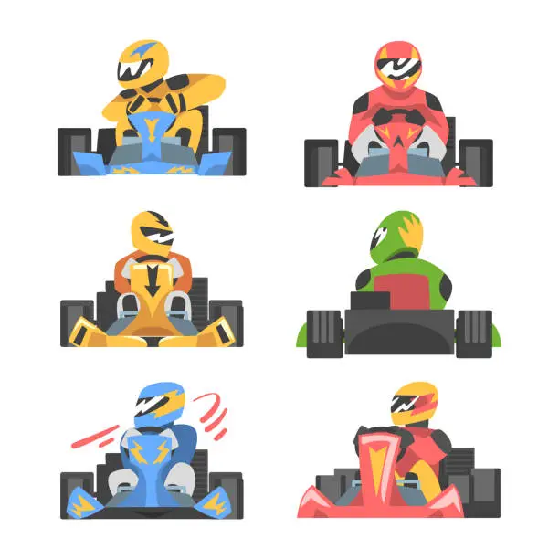Vector illustration of Kart Racing or Karting with Man Racer in Open Wheel Car Engaged in Motorsport Road Extreme Driving Vector Set
