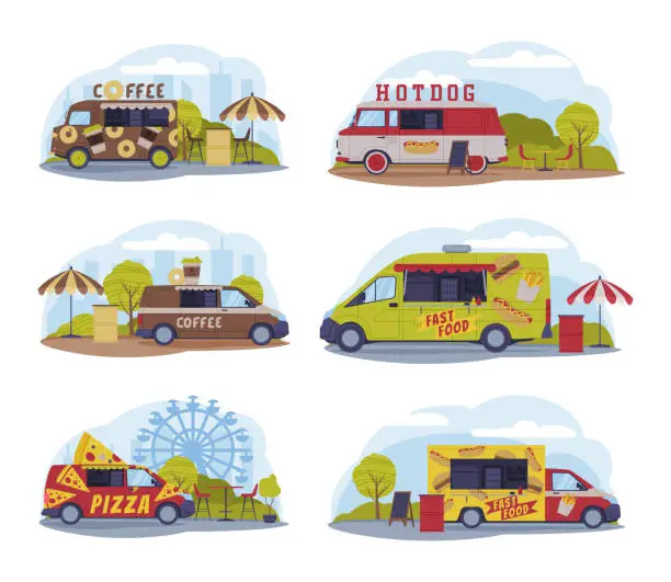 Vector illustration of Bright Food Truck in Green Park Area Cooking and Selling Street Food Vector Set