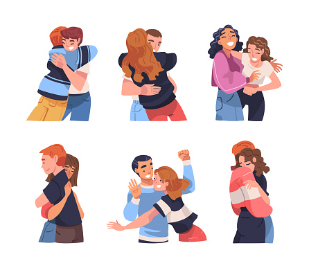 People Character Hugging and Embracing Each Other Expressing Friendly Feeling Vector Set. Young Man and Woman Showing Endearment and Joyful Emotion Concept