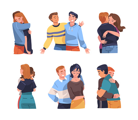 People Character Hugging and Embracing Each Other Expressing Friendly Feeling Vector Set. Young Man and Woman Showing Endearment and Joyful Emotion Concept