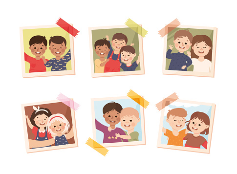 Photo Card or Snapshot with Happy Smiling Children Sticking on the Wall Vector Set. Excited Kids on Self-portrait Photograph Square Shot Concept
