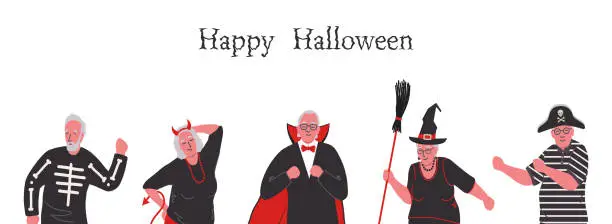 Vector illustration of Senior people in Halloween costumes are dancing and having fun