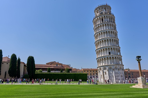 Pisa, Italy – May 25, 2023: The iconic Tower of Pisa, also known as the Torre Pendente, stands proudly in the Italian city of Pisa