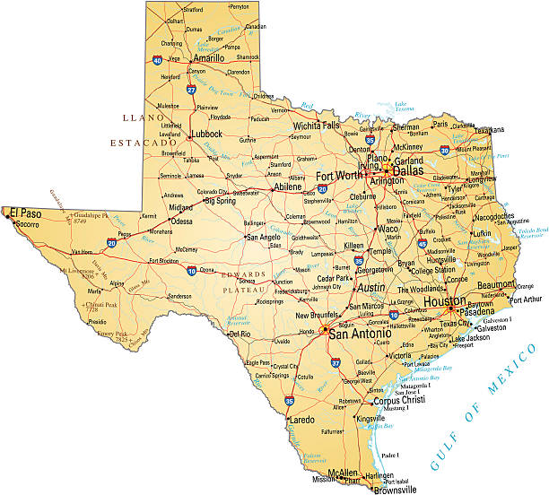 Map of Texas Vector illustration of map of Texas with major roads, rivers and lakes. texas road stock illustrations