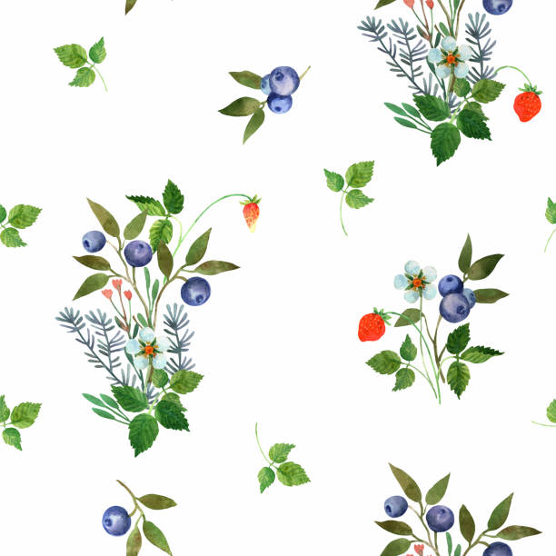 leśny wzór kwiatowy - berry fruit blueberry floral pattern strawberry stock illustrations