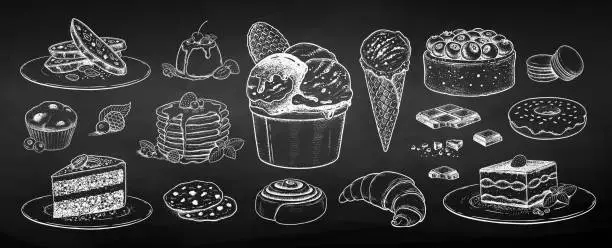 Vector illustration of Chalk sketh vector illustration set of desserts and bakery